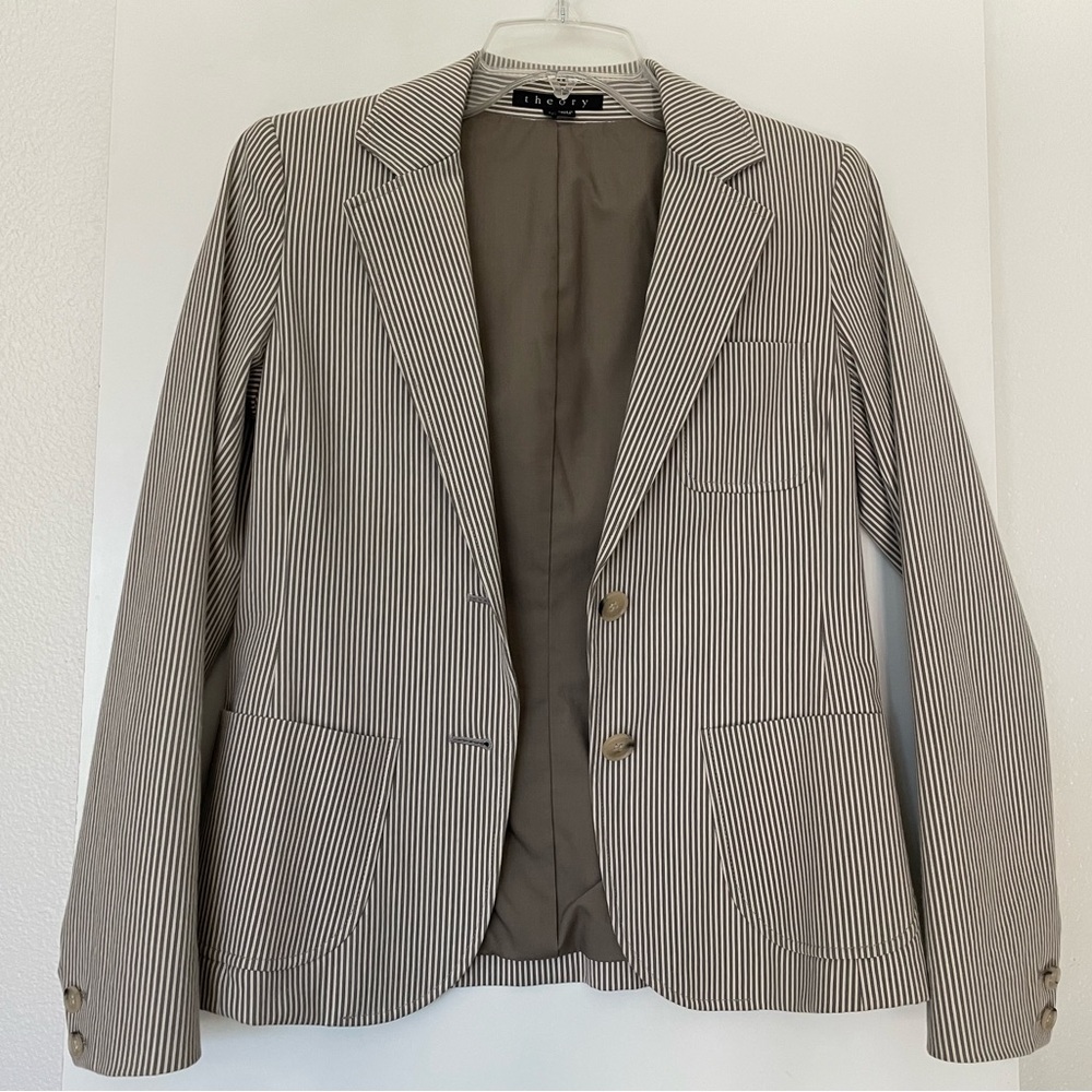 Theory Blazer Classic Cotton Single Breasted White/Taupe Tan Pinstriped